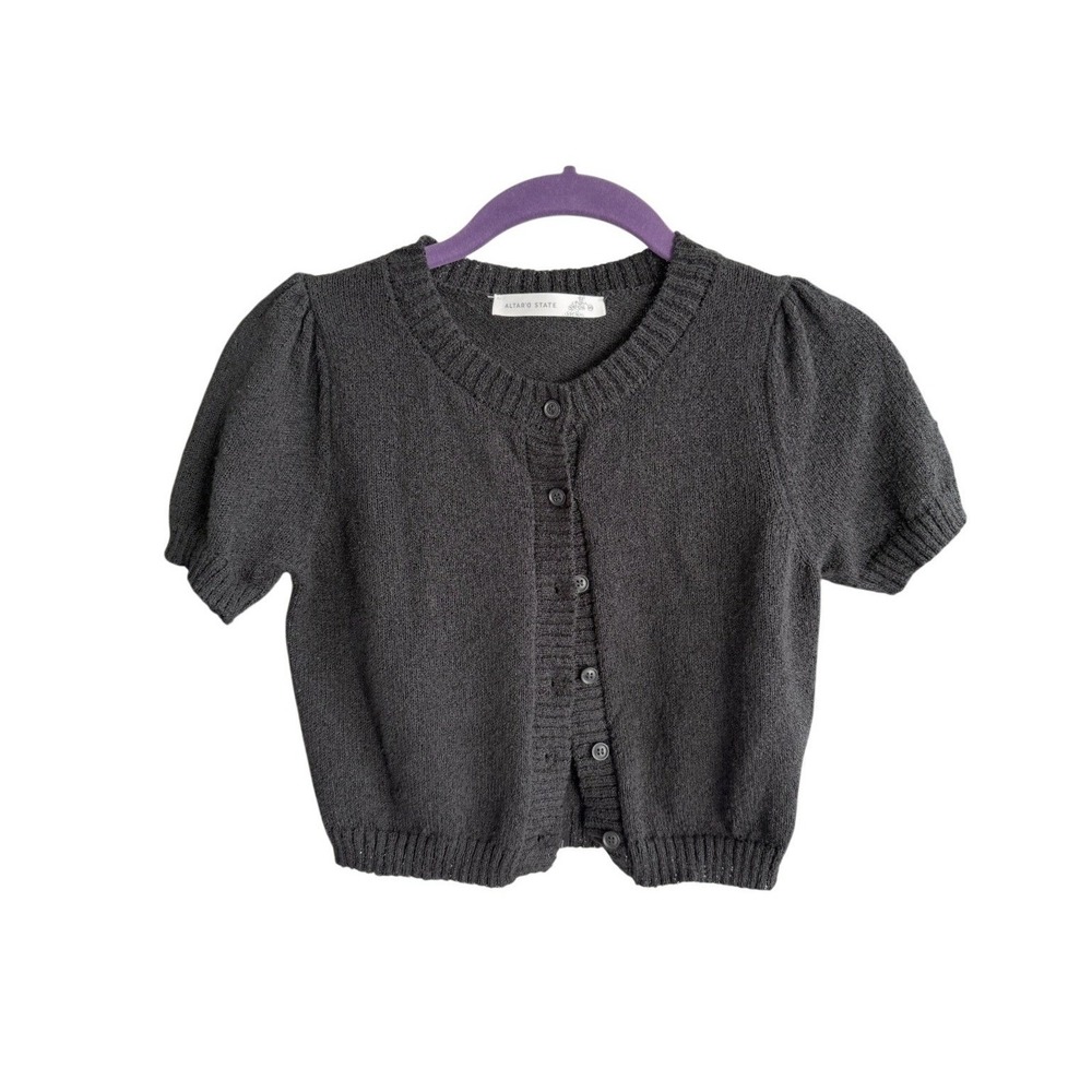 NWT Altar'd State Black Puff Sleeve Balletcore Cropped Knit Cardigan Sweater XS